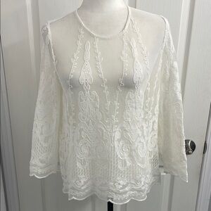 Tristan Cream Sheer Lace Blouse 3/4 Sleeve Round Neck Button Down Back Size S